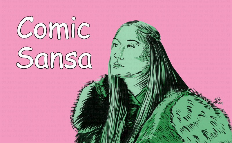 Drawing, illustration, Sansa Stark, typography joke.