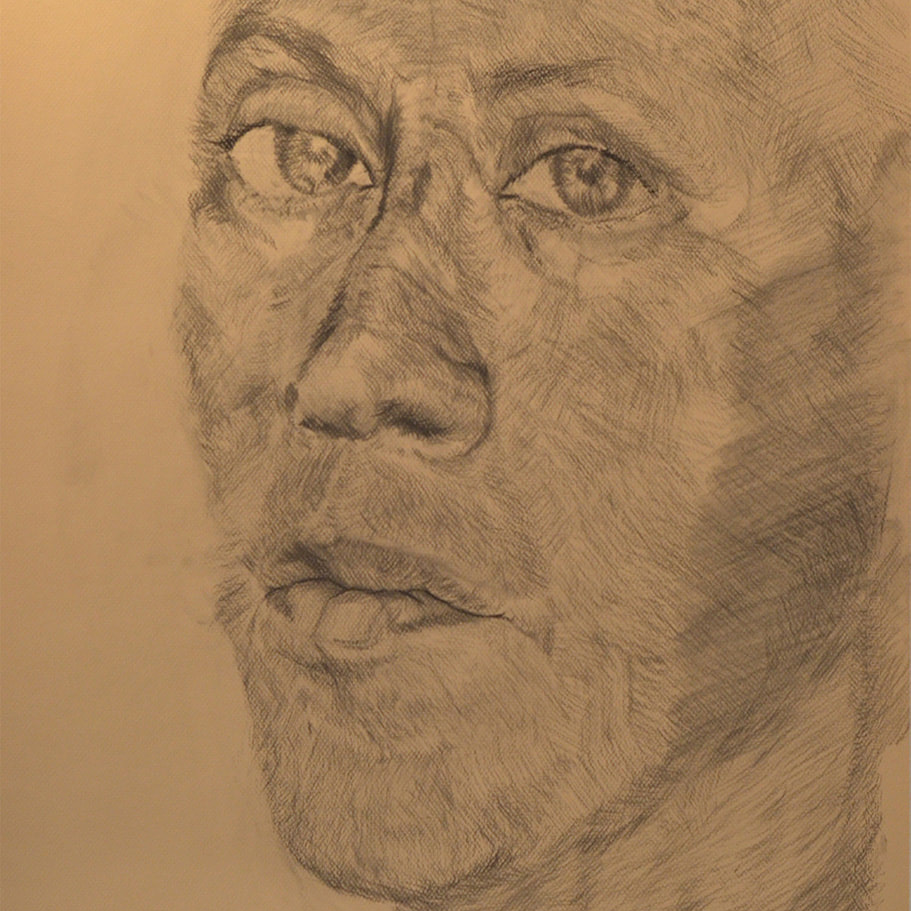 Self portrait of face in three quarters view.